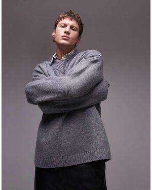 TOPMAN Premium Relaxed Lambswool V Neck Jumper - Grey