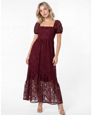 Lovedrobe Floral Mesh Lace Square Neck Midaxi Dress - Red