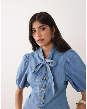 Miss Selfridge Tie Neck Puff Sleeve Denim Top - Blue