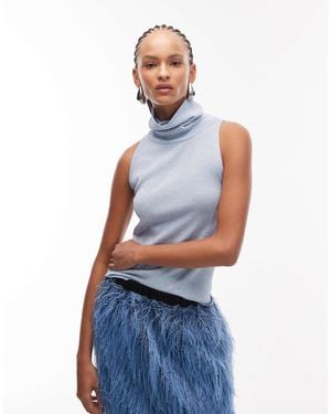 ASOS Knitted Glitter Tank With Roll Neck Detail - Blue
