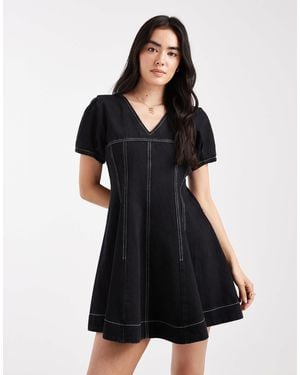 ASOS Denim V Neck Mini Dress With Seam Detail - Black