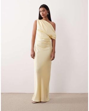 Gina Tricot Draped Satin One Shoulder Maxi Dress - Natural