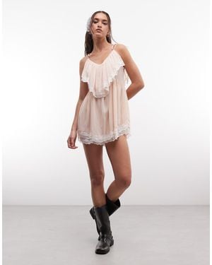Miss Selfridge Chiffon And Lace Festival Playsuit - Natural