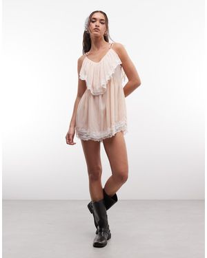 Miss Selfridge Chiffon And Lace Festival Playsuit - Natural