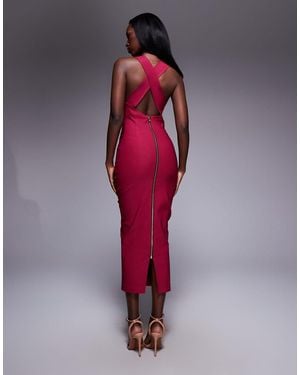 Vesper Plunge Neck Bodycon Midaxi Dress With Cross Straps - Red