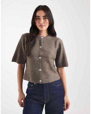 Pieces Short Sleeve Boxy Cardigan - Brown