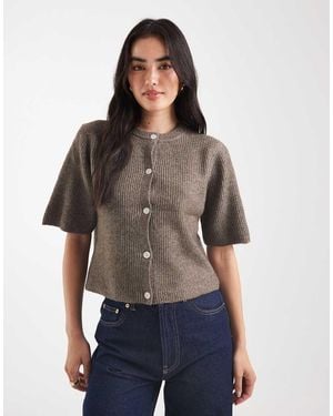 Pieces Short Sleeve Boxy Cardigan - Brown