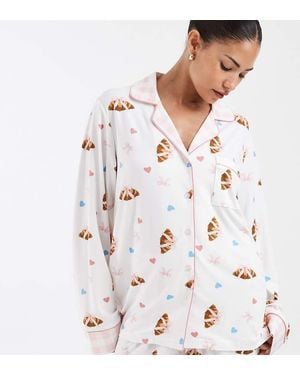 Loungeable Petite Camp Collar Button Up Shirt And Trousers Pyjama Set - White