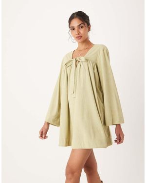 ASOS Cord Tie Front Mini Smock Dress - Natural