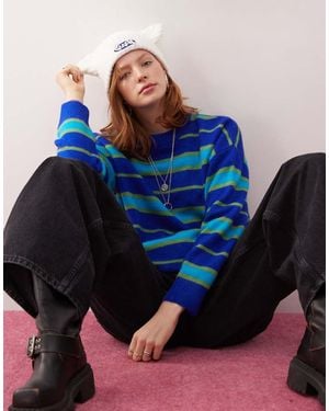 Collusion Unisex Fluffy Striped Knit Jumper - Blue