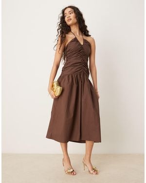 Glamorous V Neck Midi Dress - Brown