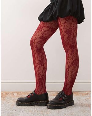 Reclaimed Vintage Burgundy Floral Lace Tights - Red