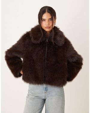 Mango Short Zip Up Faux Fur Jacket - Brown