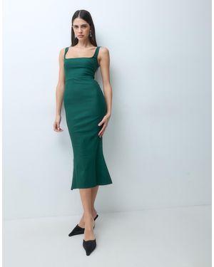 Vesper Bengaline Sleeveless Square Neck Fishtail Midi Dress - Green
