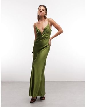 Mango Satin Deep V Strappy Maxi Dress - Green