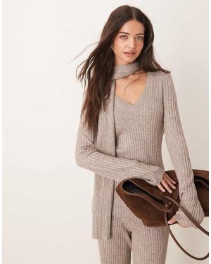 Pretty Lavish V Neck Ribbed Top With Scarf Co-ord - Brown
