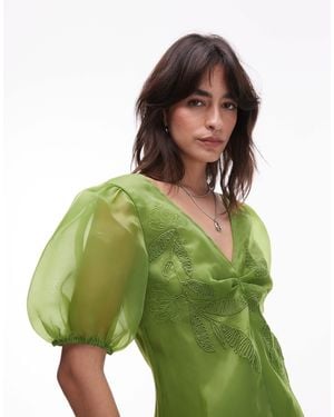 TOPSHOP Embroidered Organza Puff Sleeve Top - Green