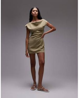 TOPSHOP Cinched Waist Grown On Neck Mini Dress - Brown