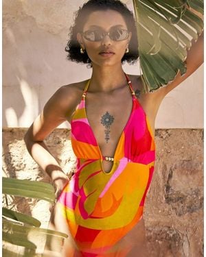 River Island Leaf Print Swimsuit - Pink