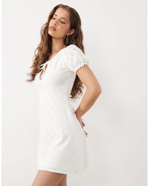 Miss Selfridge Textured Mini Dress With Keyhole And Picot Trim - White