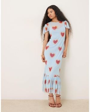 Never Fully Dressed Petite Mesh Flutter Sleeve Ruffle Hem Maxi Dress - Blue