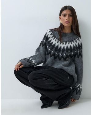 Gina Tricot Strickpullover mit rundhalsausschnitt und jacquard - Schwarz