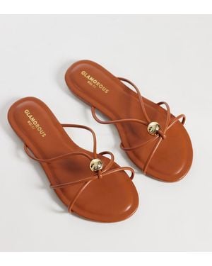 Glamorous Flat Sandals With Gold Detail - Brown