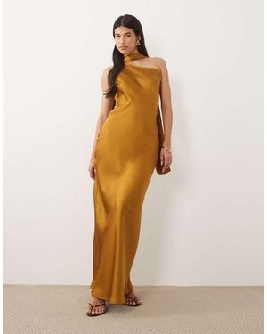 TFNC London Satin One Shoulder Maxi Dress With Scarf - Brown