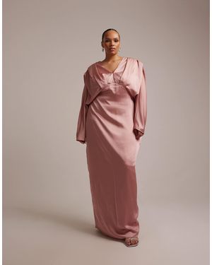Tfnc Plus Bridesmaid Satin V Neck Pleat Detail Fitted Maxi Dress - Pink