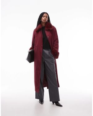 Collusion Long Line Fur Trim Trench Coat-red