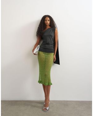 TOPSHOP Knitted Ruffle Hem Pointelle Midi Skirt With Wool - Green