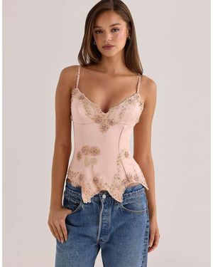 House Of Cb Saloma Blush Satin Custom Hand Beaded Embellished Corset Top - Blue