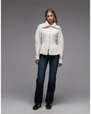 Monki Double Zip Cinch Cardigan With Peplum Hem - Natural