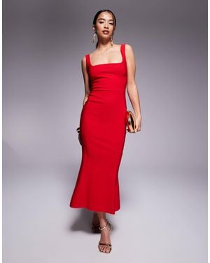 Vesper Petite Bengaline Sleeveless Square Neck Fishtail Midi Dress - Red
