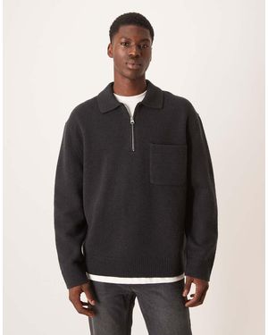 ARKET Jersey Negro Lavado Extragrande Con Media Cremallera Y Cuello Tipo Polo De Lana De