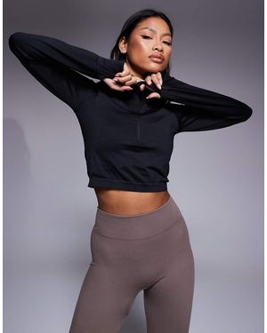 4505 Seamless Slim Fit Crop 1/4 Zip Long Sleeve Active Top - Black