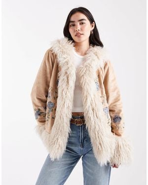 Daisy Street Boho Embroidered Penny Lane Coat With Faux Fur Trim - Natural