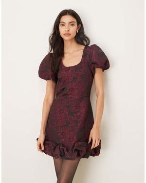 Sister Jane Jacquard Puff Sleeve Scoop Neck Ruffle Hem Mini Dress - Purple