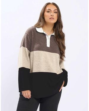 Yours Clothing Colourblock Rugby Collar Top - Natural