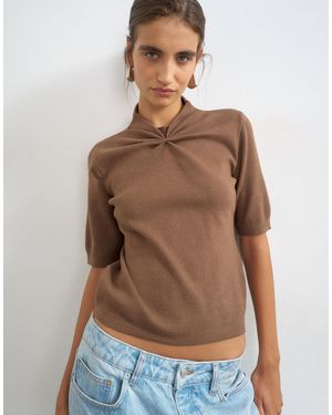 TOPSHOP Knit Gathered Neck Detail Half Sleeve Top - Brown
