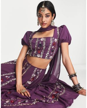 Maya Floral And Stripe Embellshed Puff Sleeve Crop Top - Purple