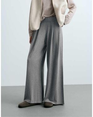 Oysho Pleated Wide Knit Trousers - White