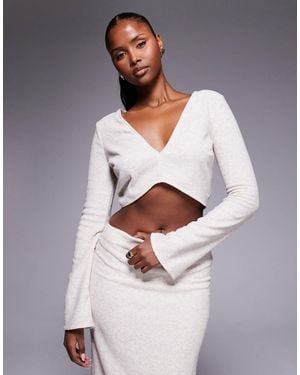 ASOS Co-ord Brushed Rib V Front Crop Top With Flare Sleeve - Gray