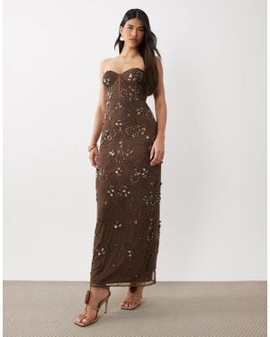 Beauut Embellished Corset Strapless Slit Back Maxi Dress - Brown