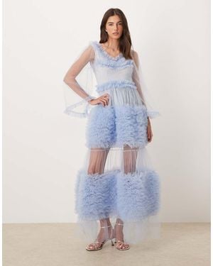 Sister Jane Dream Halo Haze Tulle Bell Sleeve Ruffle Tiered Maxi Dress - Blue