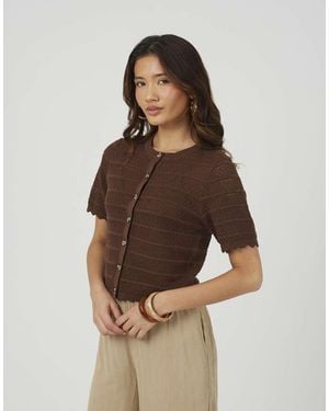 Brave Soul Short Sleeve Stitch Detail Crew Neck Cardigan - Brown