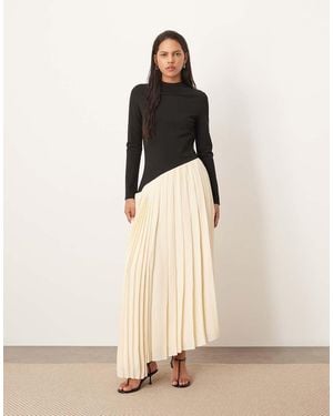 ARRANGE Contrast Fabric Sculpted Maxi Dress With Pleat Skirt - Natural