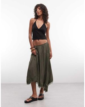 Daisy Street Boho Low Rise Slip Skirt With Lace Detailing - Green