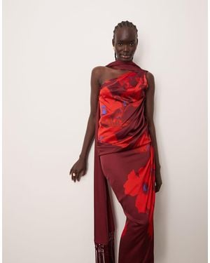 ARRANGE Vestido Midi Drapeado Con Diseño Floral Grande, Espalda Escotada Y Fular Al Cuello De - Rojo