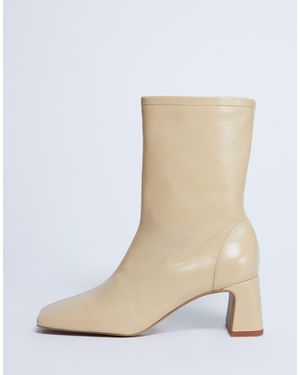 TOPSHOP Sara Premium Leather Square Toe Flared Heel Boots - Natural